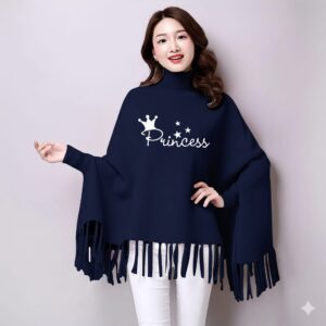 Women's Navy Blue "Princess" Print Winter Poncho | Cozy Knit Wrap
