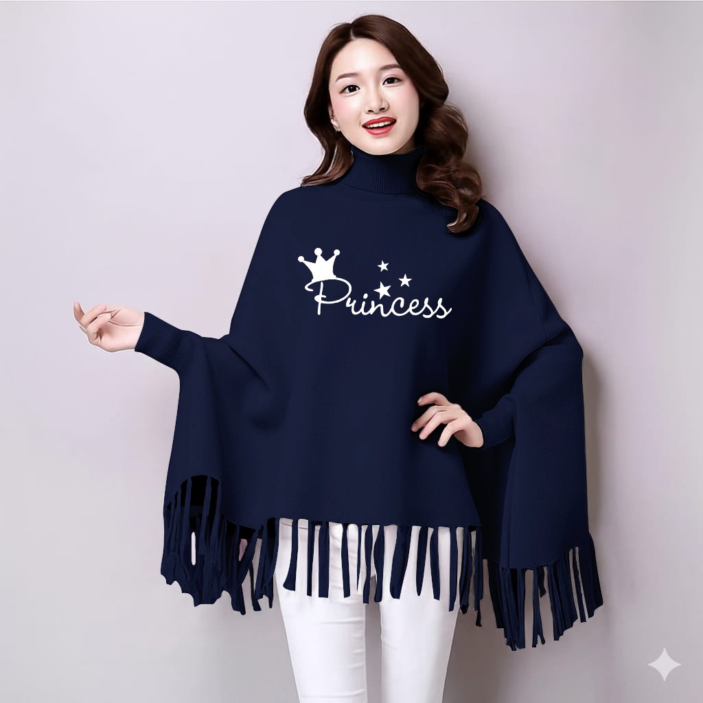 Women's Navy Blue "Princess" Print Winter Poncho | Cozy Knit Wrap