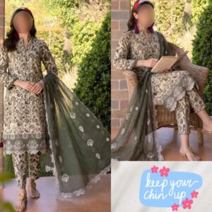 slub viscose digital print embroidered suit 3pcs